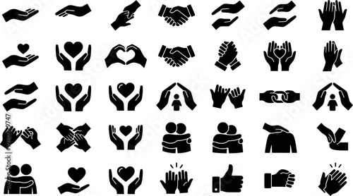 Helping Hand Icons. Outline icon set of helping hand: open palm, handshake, supportive arm, lifting gesture,
