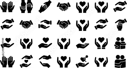 Helping Hand Icons. Outline icon set of helping hand: open palm, handshake, supportive arm, lifting gesture,
