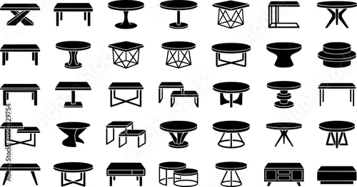 Designer Coffee Table. Line icon set of Designer Coffee Table: sculptural low table, unique base, artistic furniture, geometric table form,
