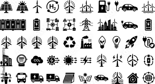 Future Green Technology. Solid icon set of Future Green Technology: next gen solar, vertical wind turbine, hydrogen energy symbol, smart
