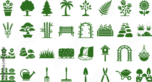 Tucked-Away Green Spaces Icons. Solid, Filled icon set of tucked-away green spaces: community garden plot, pocket park bench,
