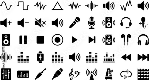 Sound Wave Icons. Outline icon set of sound waves and signals: sine wave, decibel meter, vibration lines, echo, microphone,
