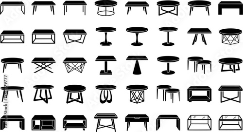 Designer Coffee Table. Line icon set of Designer Coffee Table: sculptural low table, unique base, artistic furniture, geometric table form,
