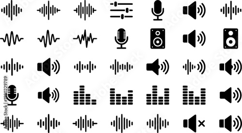Sound Wave Icons. Outline icon set of sound waves and signals: sine wave, decibel meter, vibration lines, echo, microphone,
