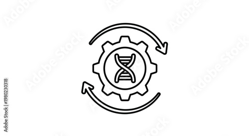 A black and white line drawing depicts a gear incorporating a dna helix symbol representing biotechnology