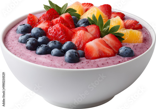 Acai smoothie bowl with fruit toppings for detox, isolated cutout