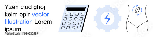 Technology, energy, health, calculation, innovation, fitness. Three icons including a calculator, a gear with a bolt and a body waist icon. Technology and energy concepts