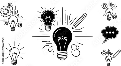 Idea icons in line art and flat black clipart design style
