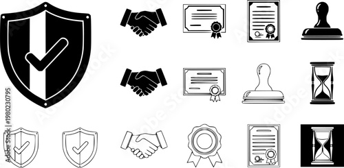 Warranty icon silhouette collection in black and white flat solid versions for graphic designs
