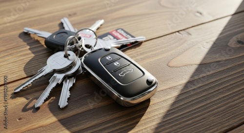 Modern electronic car key fob and house keys rest on a wooden surface.