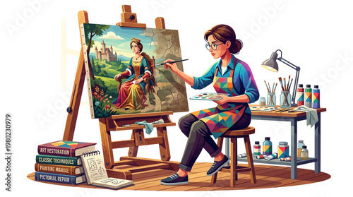 Woman painting on an easel.