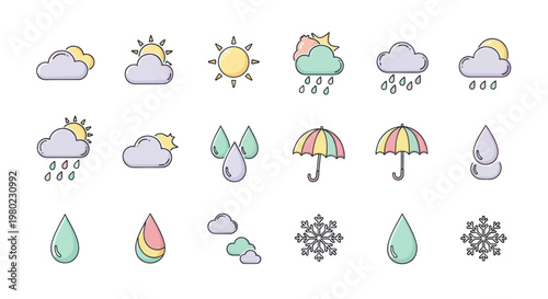 Weather icons set various meteorological symbols on white background