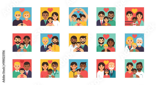 Diverse families and couples embracing love and togetherness in various heartwarming illustrations.