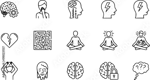 Mental disorder icons on white background. EPS 10. Editable linear style stroke. Vector icon
