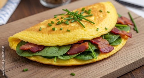 Savory omelette filled with fresh spinach and crispy bacon, topped with chopped chives, presented on a wooden board