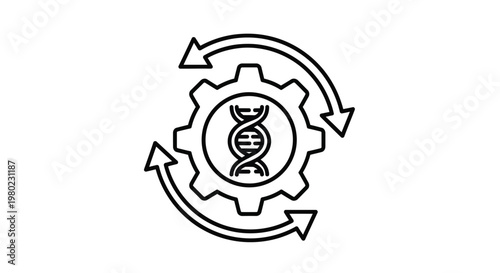 A black and white linear icon depicting a gear encompassing a double helix dna structure with circular arrows