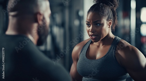 Determined female athlete in discussion with her personal trainer during an intensive workout session inside modern fitness center