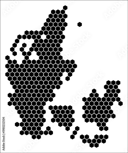 Denmark simple black and white hexagon map shape template. Country plain hexagon cell dots. Denmark flat honeycomb boundary. Vector Illustration.