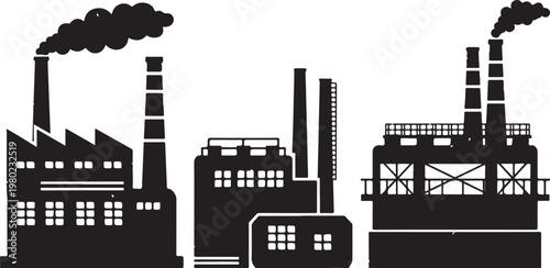 Industrial factory buildings with smokestacks and chimneys emitting smoke