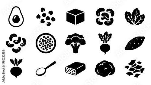 Vegan Food Silhouette Set, Plant Based Ingredients Icons, Healthy Whole Foods Vector Collection