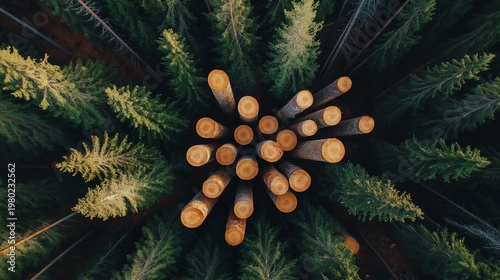 Aerial view of tree trunks amongst dense pine forest in the wilderness