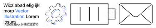 Communication systems, technological services, operational process flow, email exchanges, energy management, and automation. Gear, battery icon and envelope symbol. Communication systems