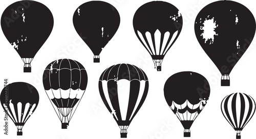 Black and white hot air balloons in various designs