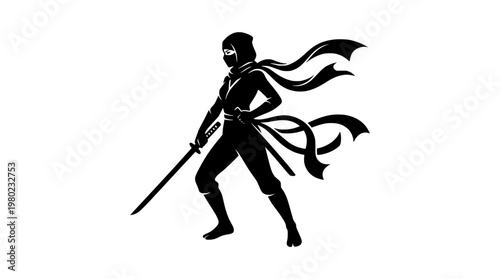 Shadow Female Ninja with Flowing Ribbon Silhouette