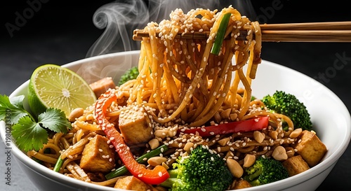 Vibrant Asian noodle dish with tofu broccoli and lime prepared for a delicious meal