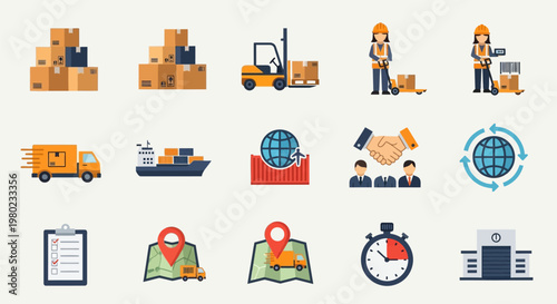 Logistics and delivery service icons set for global shipping and business.