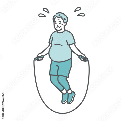 辛そうに縄跳びをするぽっちゃり体型のシニア男性のイラスト