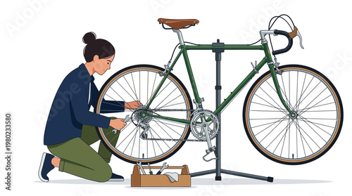 Woman repairing green bicycle wheel.