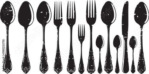 Collection of vintage silverware on white background illustration set