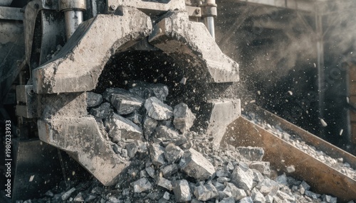 Medium shot of a jaw crusher breaking hardened ferroalloy chunks into smaller manageable sizes for industrial processing with clear mechanical motion and material flow.
