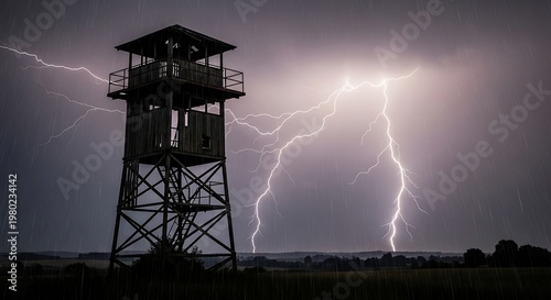 A lone wooden observation tower is battered by a violent thunderstorm with multiple lightning strikes across the sky