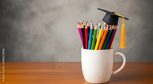 A miniature graduation cap perched on top of multicolored pencils inside a white ceramic mug cup