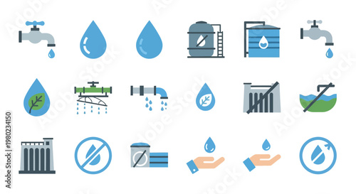 Water Conservation and Supply Icons for Environmental Awareness.