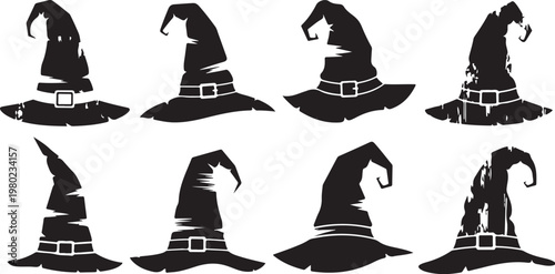 Collection of black witch hats in various shapes sizes