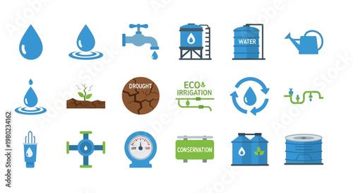 Water Conservation and Irrigation System Icons Set for Sustainable Living.