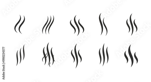 Set of stylized wavy lines depicting steam, smoke, or scent rising upwards against a white background