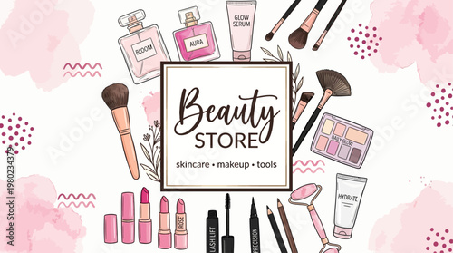 Elegant beauty store vector featuring cosmetics tools, makeup products, and soft pastel tones. Ideal for branding, social media, packaging, and feminine designs with a clean, modern aesthetic.