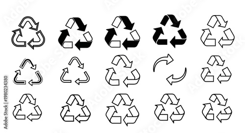 Collection of recycling symbols, showcasing various interpretations of the universal sign for environmental sustainability and waste reduction efforts