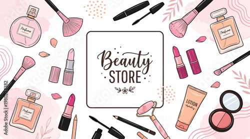Elegant beauty store vector featuring cosmetics tools, makeup products, and soft pastel tones. Ideal for branding, social media, packaging, and feminine designs with a clean, modern aesthetic.