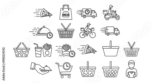 Food delivery line icons set, 20 courier and shopping basket vector elements, fast shipping service and restaurant takeout symbols for web design