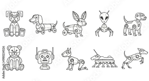 Robotic animal line art icons, set of 10 mechanical pet vector illustrations, futuristic cyborg dog and alien creature outlines for coloring book