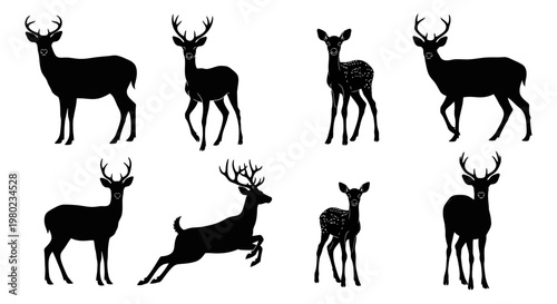 Deer silhouette vector set, 8 wild stag and buck icons, black forest animal shapes on white background, hunting and nature design elements