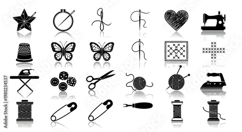 Black sewing icons set, 24 needlework and tailoring vector elements, sewing machine and craft tool silhouettes, embroidery and knitting hobby graphics