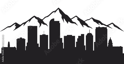 Denver skyline vector silhouette illustration with majestic mountain range and modern downtown city architecture on white background