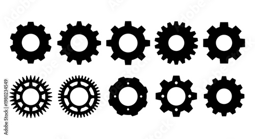 Industrial gear silhouette icons set, mechanical cogwheel vector collection, black engine machinery parts, 10 technical hardware elements for engineering