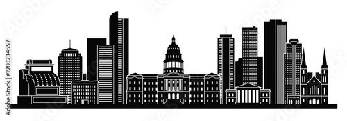 Detailed Denver skyline vector silhouette featuring downtown architecture, state capitol, church facade, and commercial office buildings on white background